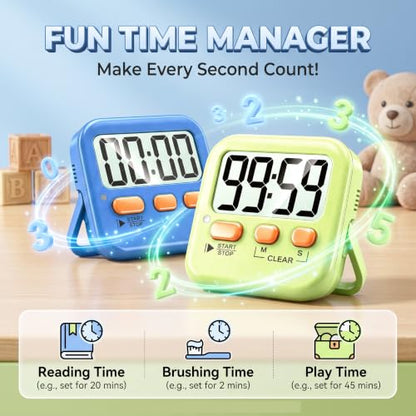 Antonki 2 Pack Digital Timer for Kids Classroom Kitchen Timers for Cooking - color: 2 * Green+ Sky Blue ( 95%+select for Kids )
