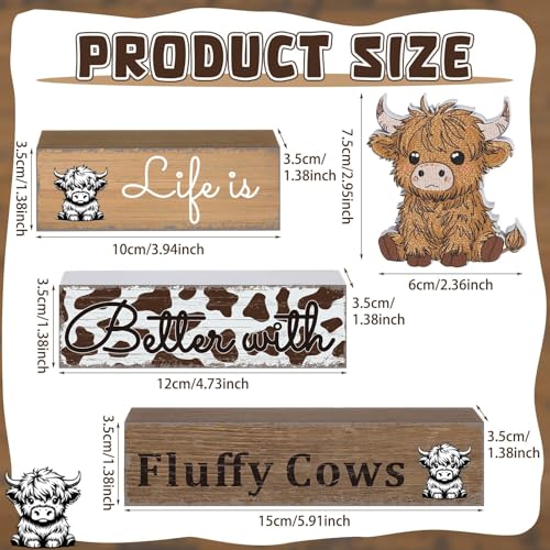 4 Pcs Highland Cow Table Decorations Cow Wooden Signs Rustic Tiered Tray Decor Western Tabletop Centerpieces Farmhouse Highland Decor for Home Desk Room Kitchen Shelf - style: Cattle