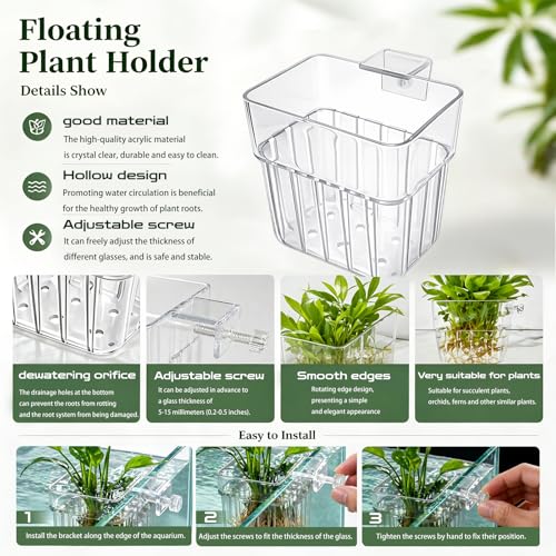 Chedin 2 Pack Clear Acrylic Aquarium Plant Holder, Hanging Fish Tank Planter with Adjustable Hooks, Hydroponic Plant Cup for Aquascaping, Betta Tank, Shrimp Tank & Aquarium Decoration