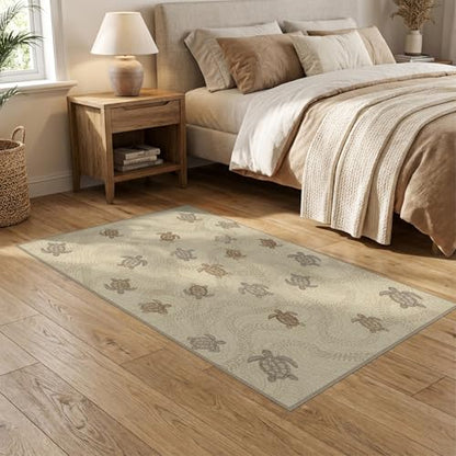 5'x7' Washable Beachy Sea Turtle Area Rug, Tan Non-Shedding Pet Friendly Carpet Easy Care Kids Safe Mat for Small Living Room, Playroom, Bedroom | Ref:1955151 - color: Beige/Pattern 21, size: 5' x 7' (Rectangular)