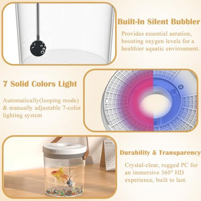 Rechargeable Portable Fish Tank with Lid, Small Plastic Desktop Aquarium Kit with 7 Color LED Light & Quiet Pump, Oxygen-Injected Fish Tank Kits, Travel Goldfish Tank Starter Kit