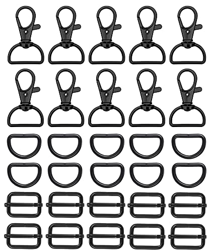 WAFJAMF 30Pcs Purse Hardware Swivel Snap Hooks D Rings Slide Buckles 1 In | Heavy duty metal clasps set for handbag making, DIY craft, strap, backpack, lanyard keychain & handbag fasteners, black - color: Black, size: 1” Inside Width