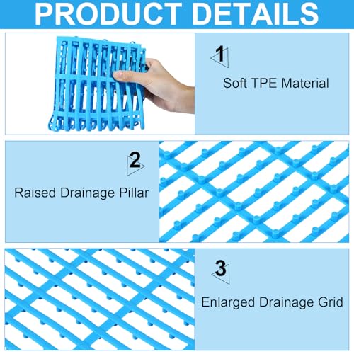 30 Pcs Anti-Slip Drainage Tiles Interlocking Shower Floor Mats 12" x 12" Soft TPE Bathroom Splicing Mats with Drain Holes for Pool, Deck, Garage & Pet Areas(Blue) - color: Blue