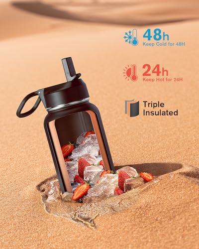 Coolflask 32 oz Water Bottle Insulated with Straw & 3 Leakproof Lids - color: Piano Night, size: 32 Ounces