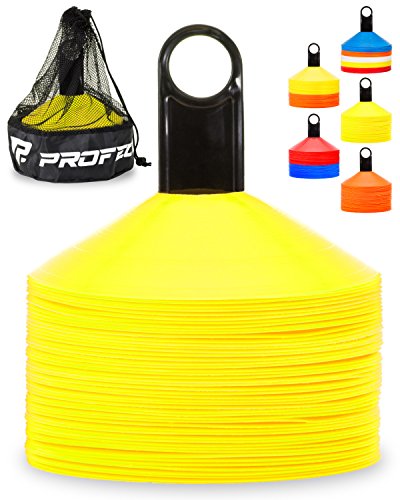Pro Disc Cones (Set of 50) - Agility Soccer Cones with Carry Bag and Holder for Sports Training, Football, Basketball, Coaching, Practice Equipment, Kids - Includes 15 Best Cone Drills Book - color: Bright Yellow