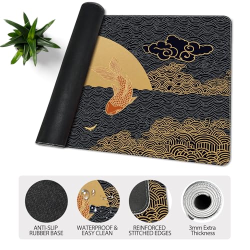 Waterproof Large Gaming Mouse Pad 31.5x15.7 Inch, XXL Mousepad with Non-Slip Rubber Base & Stitched Edges, Extended Desk Mat for Computer/Laptop/Office,Japanese Koi Fish