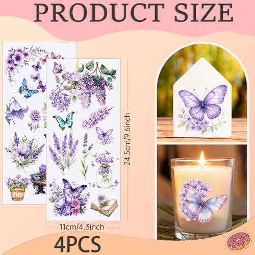 4 PCS Purple Flower UV DTF Cup Wraps, Waterproof Transfer Stickers for Tumblers and Mugs, Durable Rub-on Decals for Smooth and Flat Surfaces - style: purple flower