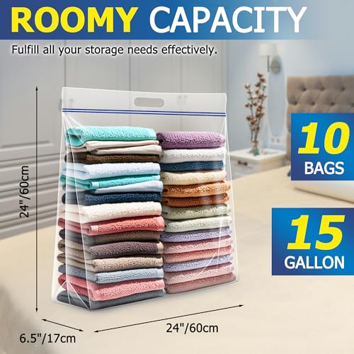 15 Gallon Large Storage Bags, 3.5 Mil Thick Clear Plastic Zipper Bags with Handles, 24" x 24" Large Heavy Duty for Home, Travel, and Moving (10 Packs) - size: 10 Large