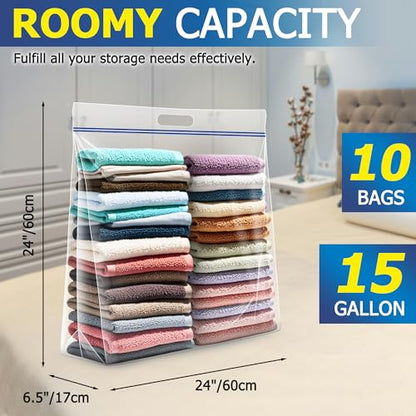 15 Gallon Large Storage Bags, 3.5 Mil Thick Clear Plastic Zipper Bags with Handles, 24" x 24" Large Heavy Duty for Home, Travel, and Moving (10 Packs) - size: 10 Large