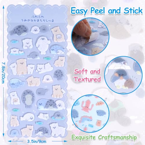 Cute Kawaii Sea Creature Stickers – Soft Flocked Felt 3D Sticker with Lobster,Penguins,Seals,Otters,Sharks & Whales – Textured Stickers for Adults,Scrapbooking & Planner Decor, 6 Sheets