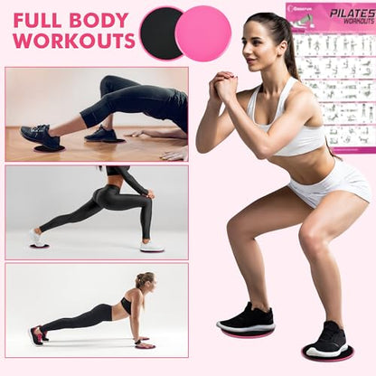 Goocrun Pilates Ring Set Exercise Equipment, with Exercise Resistance Bands Set, Pilates Ball, Sliding Disks. Portable Home Gym - with Fitness Guide Poster - color: Pink, size: Mid-level