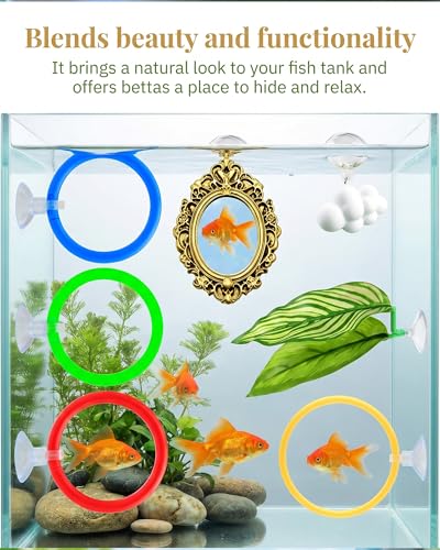 7 Pcs Betta Fish Enrichment Toys, 1 Mirror with Floating Ball, 1 Clouds Decoration, 4 Exercise Training Rings, 1 Resting Leaf, Tank Accessories Set