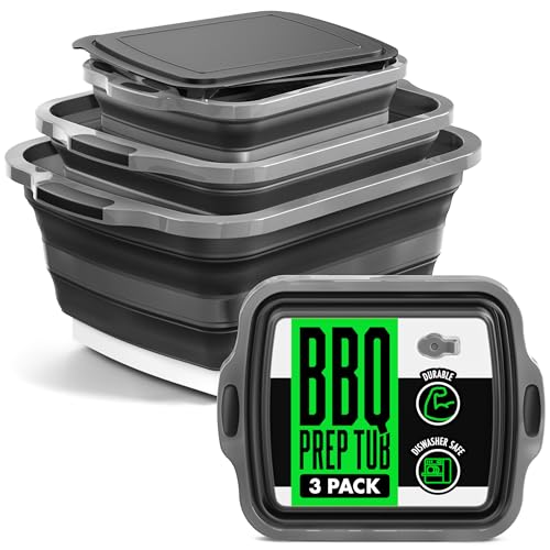 Collapsible BBQ Prep Tub with Lids & Drain Spouts, 3 Pack Portable Meat Marinating & Grilling Trays, Cutting Board Food Storage Containers for Outdoor Cooking & Camping, Great Fathers Day Gift for Dad