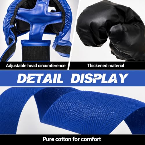 Kanayu 14 Pcs Boxing Gloves and Headgear Set for Beginners Youth 16 Ounce Boxing Gloves Headgear Helmet Hand Wraps Mouth Guards Equipment for Beginners Training Equipment Gifts - color: Black, Blue