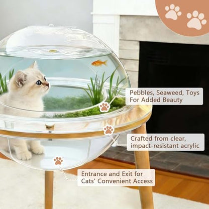 Large 2-in-1 Cat Cave & Fish Tank, 360° Immersive Cat TV House with Internal Observation Tunnel, Heavy-Duty Plywood Base & 4mm Thick Acrylic, Modern Pet Enrichment Furniture for Indoor Cats