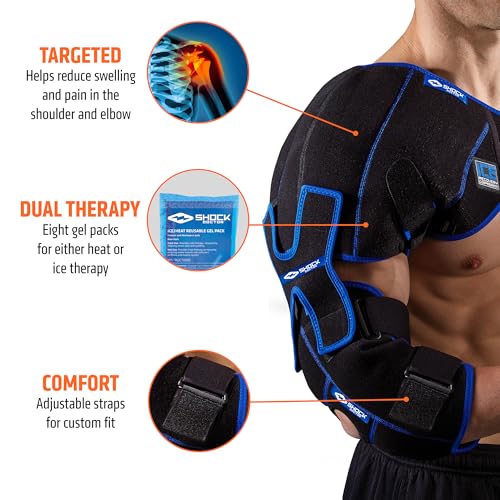 Shock Doctor ICE/Heat Recovery Compression Shoulder & Elbow Wrap Brace, Reusable Gel Ice Packs for Injuries, Hot Cold Therapy - size: Small/Medium