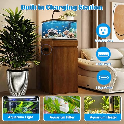10-15 Gallon Fish Tank Stand with Storage Cabinet, 16.9" x 16.9" Aquarium Stand with Power Outlets, 330LBS, Cube Tank Stand with Adjustable Shelf, Brown
