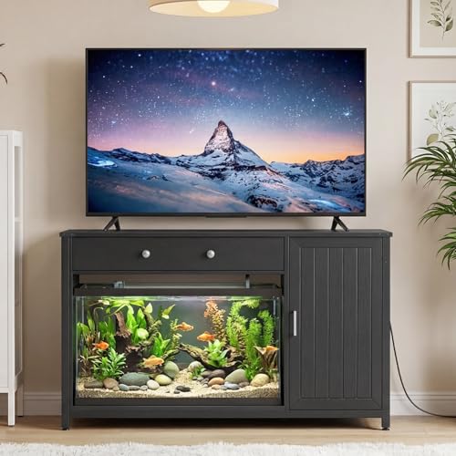 HOOBRO 55-75 Gallon Fish Tank Stand with Charging Station, Heavy Duty 650LB Capacity Aquarium Stand, Reptile Tank Stand with Flip-Door Drawer and Cabinet Storage, Black BB120UFT01