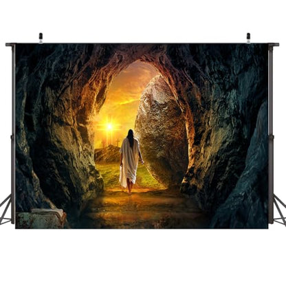7x5ft He is Risen Resurrection Backdrop Jesus Leaving Tomb Christian Easter Photography Background for Church Sunday Service Religious Photo Decor 296