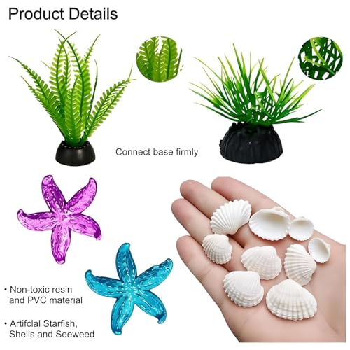Fish Tank Decorations Set - Aquarium Decor Accessories with Aquarium Plants, Resin Hollow Tree Trunk Cave Hideout, Some Artificial Starfish & Shell Ornaments for Betta Fish Tanks