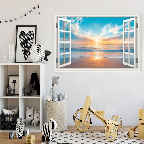 Fake Window Wall Sticker Summer Sunset Seascape Ocean Beach Faux Window Poster Decal Picture Open Wall Art Decor, Stick and Peel Landscape Natural Scenery Canvas Scene Mural,16"x24"