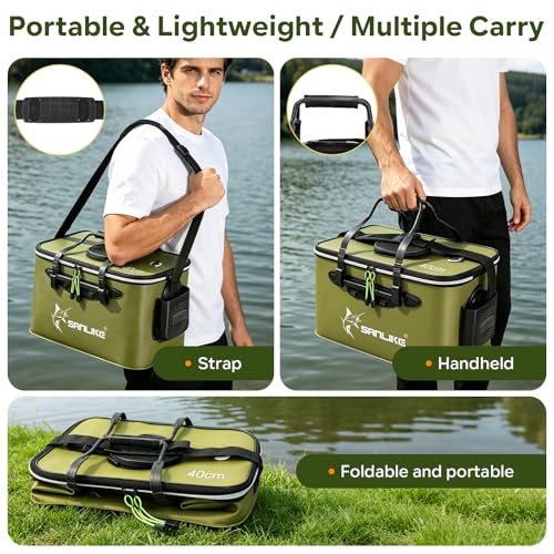 SANLIKE Foldable Live Fish Bucket, EVA Fishing Bait Bucket, 35/40/45CM Collapsible Fish Container, Leakproof Livewell for Kayak Boat Bank Fishing, Black/Army Green - color: Green-40cm