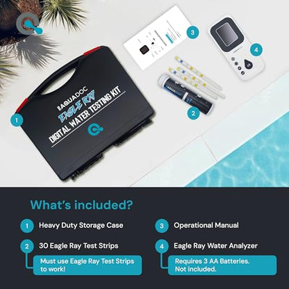 Eagle Ray Digital Water Test Kit for Pool & Spa by AquaDoc with Digital Water Tester and 30 Pool & Hot Tub Test Strips for Chlorine, Bromine, Total Hardness, Cyanuric Acid, Alkalinity and pH - size: Digital Water Test Kit