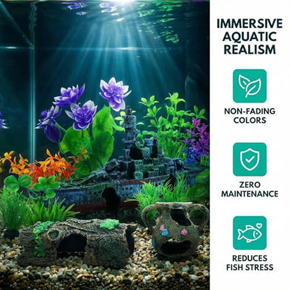 Aquarium Artificial Plastic Plants Decorations and Sunken Ship Set Goldfish 14 PCS Large Fish Tank Accessories Goldfish Betta Tank Decor