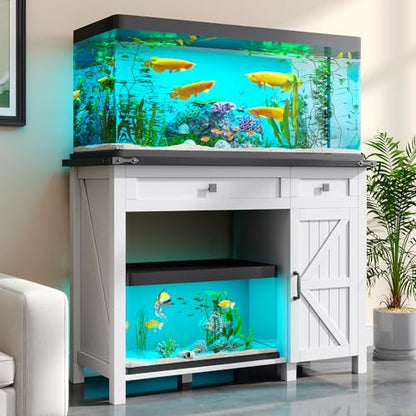 40 Gallon Fish Tank Stand with Power Outlets, Farmhouse Decorative Aquarium Stand Furniture with Adjustable Shelves and Storage Drawer, 30-40 Gallon Reptile Turtle Tank Stand(White, 30-40GL)