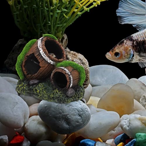 Alipis Resin Fish Tank Decor Broken Wine Barrel Ornaments Small Double Barrel Hideout Aquarium Decoration for Betta Fish and Freshwater Shrimp Habitat