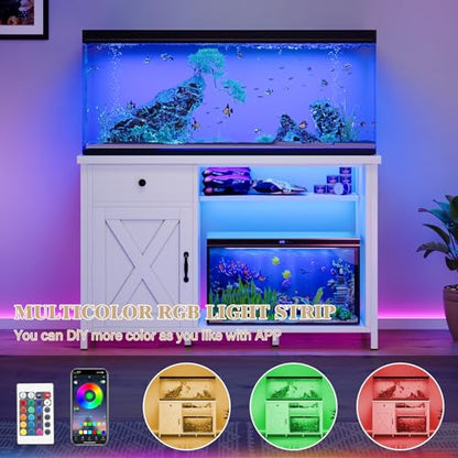 4ever2buy 55-75 Gallon Fish Tank Stand with Power Outlets, LED Light, Heavy Duty Aquarium Stand with Cabinet for Fish Tank Accessories Storage, for Turtle Tank, Reptile Terrarium, 1100LBS, White