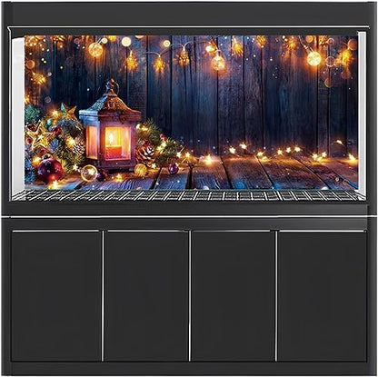 AWERT 48x18 inches Christmas Terrarium Background Brown Vintage Plank Christmas Lights Pine Branch Aquarium Background Vinyl Background