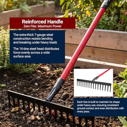 7-Gauge 16-Tine Stone Rake | Heavy Duty Garden Rake for Spreading Gravel Stones and Mulch | 66" Fiberglass Long Handle Lawn Rake for Soil Leveling and Smoothing, Yard Rake 100% Made in USA