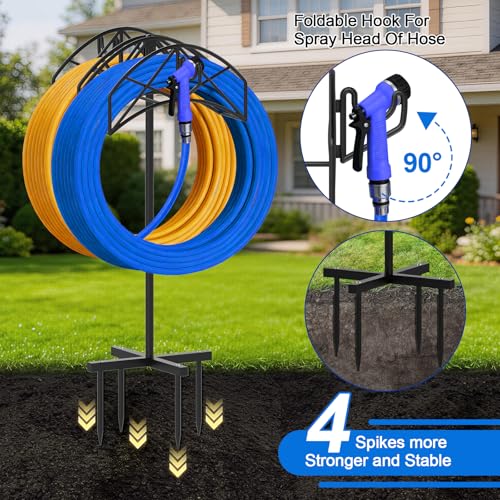 Garden Hose Holder Heavy Duty Water Hose Holder Holds 160 FT * 2 Hoses 4 Spikes Hose Reel Freestanding Hose Hanger Sturdy Hose Storage Stand with 90°Rotatable Hook for Outside Yard Lawn