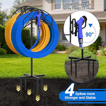 Garden Hose Holder Heavy Duty Water Hose Holder Holds 160 FT * 2 Hoses 4 Spikes Hose Reel Freestanding Hose Hanger Sturdy Hose Storage Stand with 90°Rotatable Hook for Outside Yard Lawn