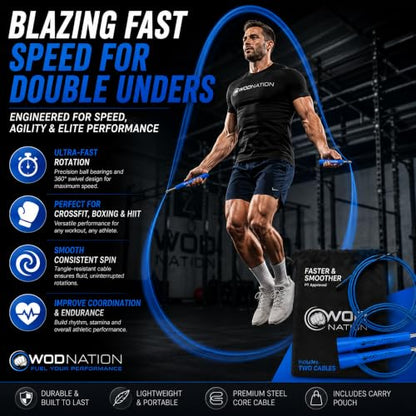 WOD Nation Adjustable Speed Jump Rope For Men, Women & Children - Blazing Fast Fitness Skipping Rope Perfect for Boxing, MMA, Endurance - color: Blue