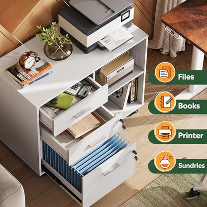 DEVAISE 3-Drawer Wood File Cabinet with Lock, Mobile Lateral Filing Cabinet, Printer Stand with Open Storage Shelves for Home Office, White - color: White