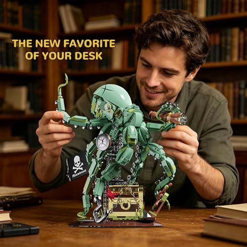 Steampunk Pirate Octopus Building Set for Adults, Mechanical Ocean Animal Collectible Model with Treasure Chest & Flag, Idea Gift for Teens Desk Decor Display -1128pcs
