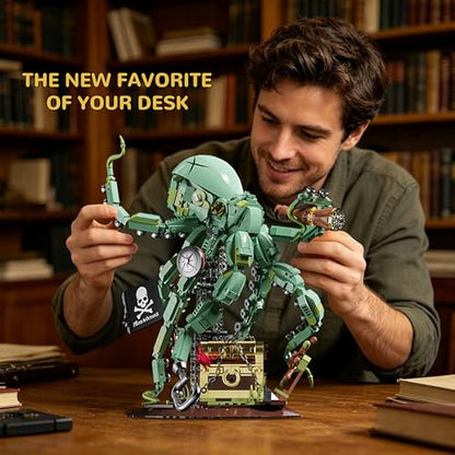 Steampunk Pirate Octopus Building Set for Adults, Mechanical Ocean Animal Collectible Model with Treasure Chest & Flag, Idea Gift for Teens Desk Decor Display -1128pcs