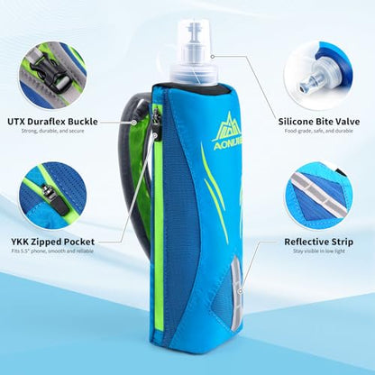 Geila Handheld Water Bottle for Running, 17 oz Grip Handheld Bottle with Hand Strap Hydration Pack, Sport Soft Flask - color: Blue+500ML Soft Flask
