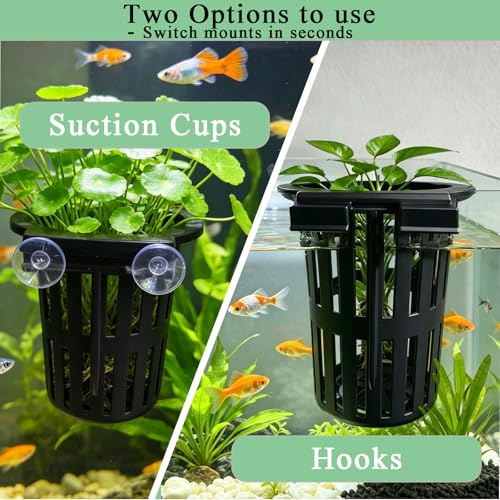 Aquarium Plant Holder Pack of 2 Black Hanging Aquatic Plant Cup Pot for Fish Tank,Round Hydroponic Planter Basket for Aquascape，3-Size Hooks & Suction Cups