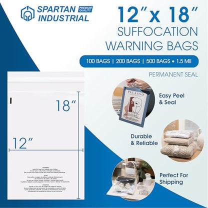 Spartan Industrial - 12" X 18" (500 Count) Self Seal Clear Poly Bags with Suffocation Warning for Packaging and Clothes - Permanent Adhesive - size: 12" x 18"