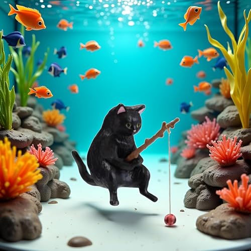 BWESOO Black Fish Tank Landscaping Cartoon Fishing Cat Ornaments Aquarium Accessories Household Supplies Home Office Decorations Fishing Cat Figurine Aquarium Décor Thematic Ornaments