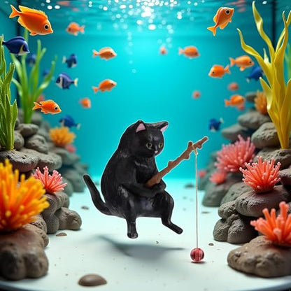 BWESOO Black Fish Tank Landscaping Cartoon Fishing Cat Ornaments Aquarium Accessories Household Supplies Home Office Decorations Fishing Cat Figurine Aquarium Décor Thematic Ornaments