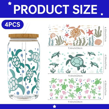 UV DTF Cup Wrap Transfer Stickers, 4 Sheets Turtle Rub On Transfers for Tumblers Water Bottles Glass Cups Mugs Ceramics - style: Turtle