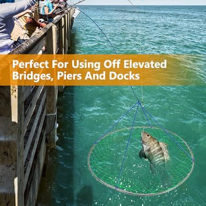 Large Bridge and Pier Fishing Net 32''/39'' Hoop, Foldable Drop Net Pier Fishing for Saltwater with Rope, Landing Net with Nylon Mesh, Collapsible Soft Steel Ring - color: Green, size: L: 39''×36''