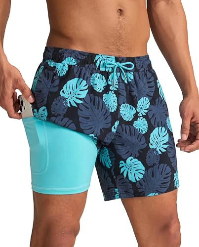 maamgic Mens Swim Trunks with Compression Liner 5 Inch, Quick Dry Bathing Suit with Zipper Pockets, No-Chafing Swim Shorts - color: Black-lake Blue Leaves, size: Large