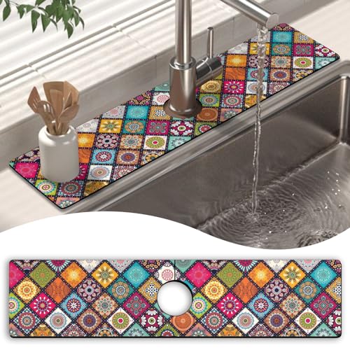 Kitchen Sink Splash Guard Faucet Mat 24" X 5.5" Mandala Absorbent Fast Drying Faucet Draining Sink Splash Guard Behind Faucet Drip Catcher for Kitchen Bathroom - color: Check, size: 24*5.5in