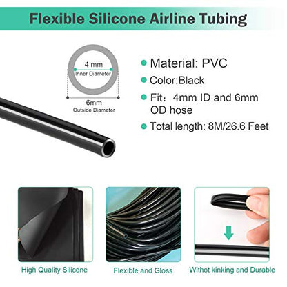 26.6 Feet Black Aquarium Soft Airline Tubing Hose Standard with 4 Air Stones,4 air Value Controller,4 Check Valves, 6 Suction Cups and 16 in Total for I,L,T,Y Shape Connectors