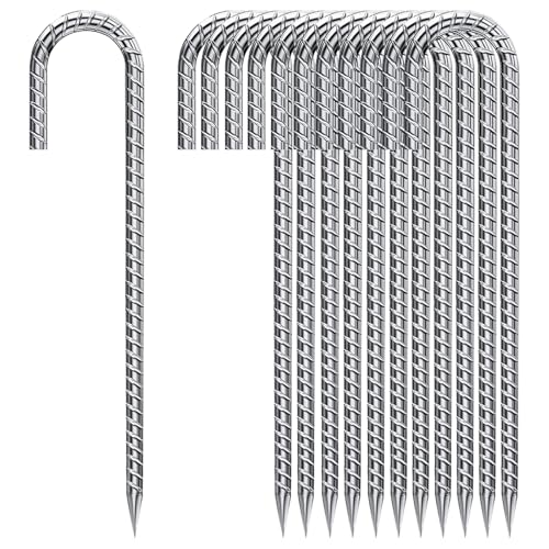 Ground Stakes 12 Inch, Yard Camping Stakes J Shaped 20 Pack Rebar Heavy Duty for Garden Dog Fence Inflatable Camping Chicken Coop Accessories - color: Silver-8mm, size: 20pcs